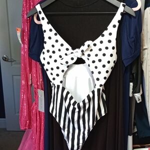 B) No Boundaries Polka Dot and Stripe One Piece Swimsuit
